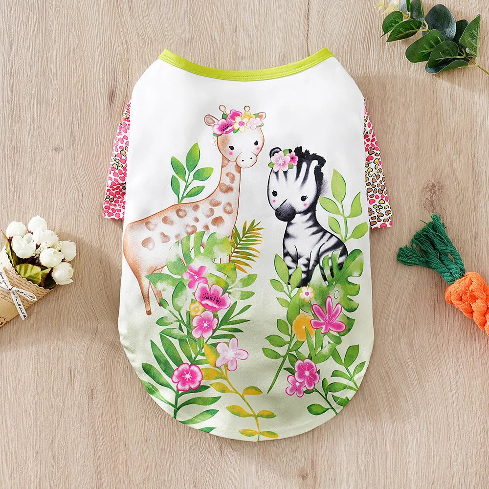 Printed polyester dog t-shirt for small dogs showing colour patterns and size options with weight guidance