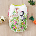 Printed polyester dog t-shirt for small dogs showing colour patterns and size options with weight guidance