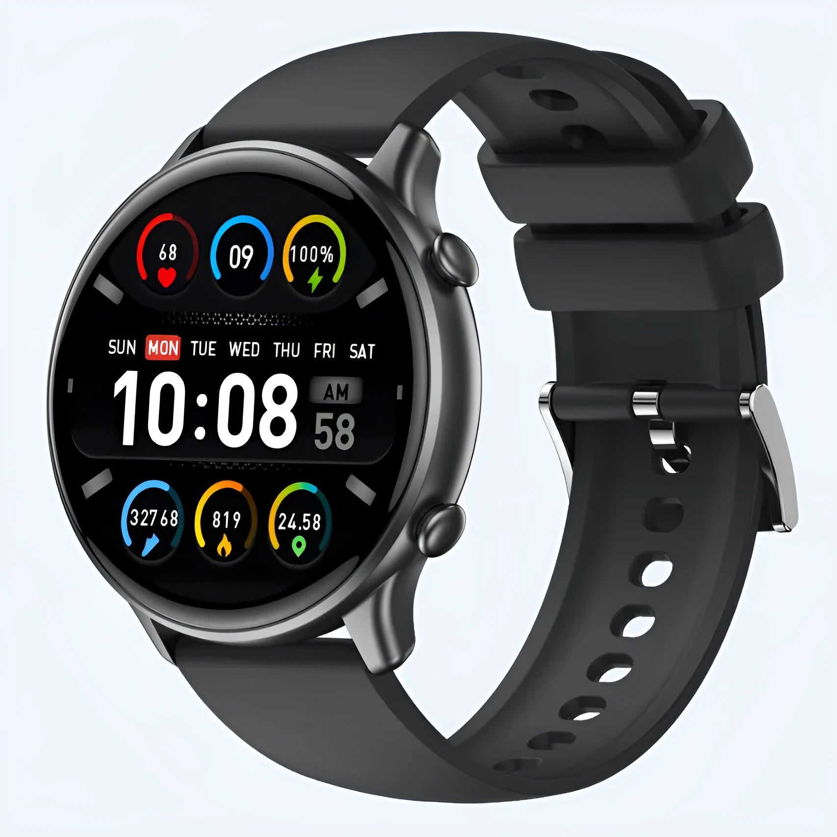 Round touch screen smart sports watch with silicone strap in black, blue, or pink colours