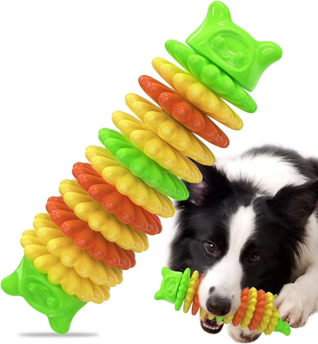 Blue green and pink caterpillar-shaped durable rubber dog chew toy for aggressive chewers.