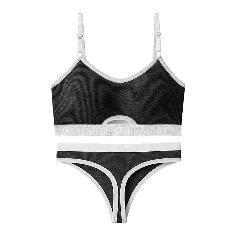 Cotton sports underwear vest set with contrast back, showing bra and panties in black.