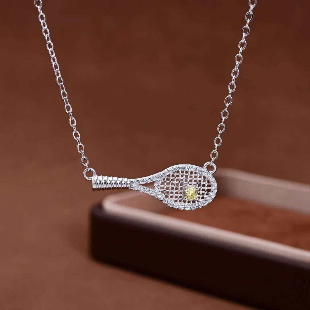 S925 silver grid tennis racket pendant necklace set with yellow diamond accent for women