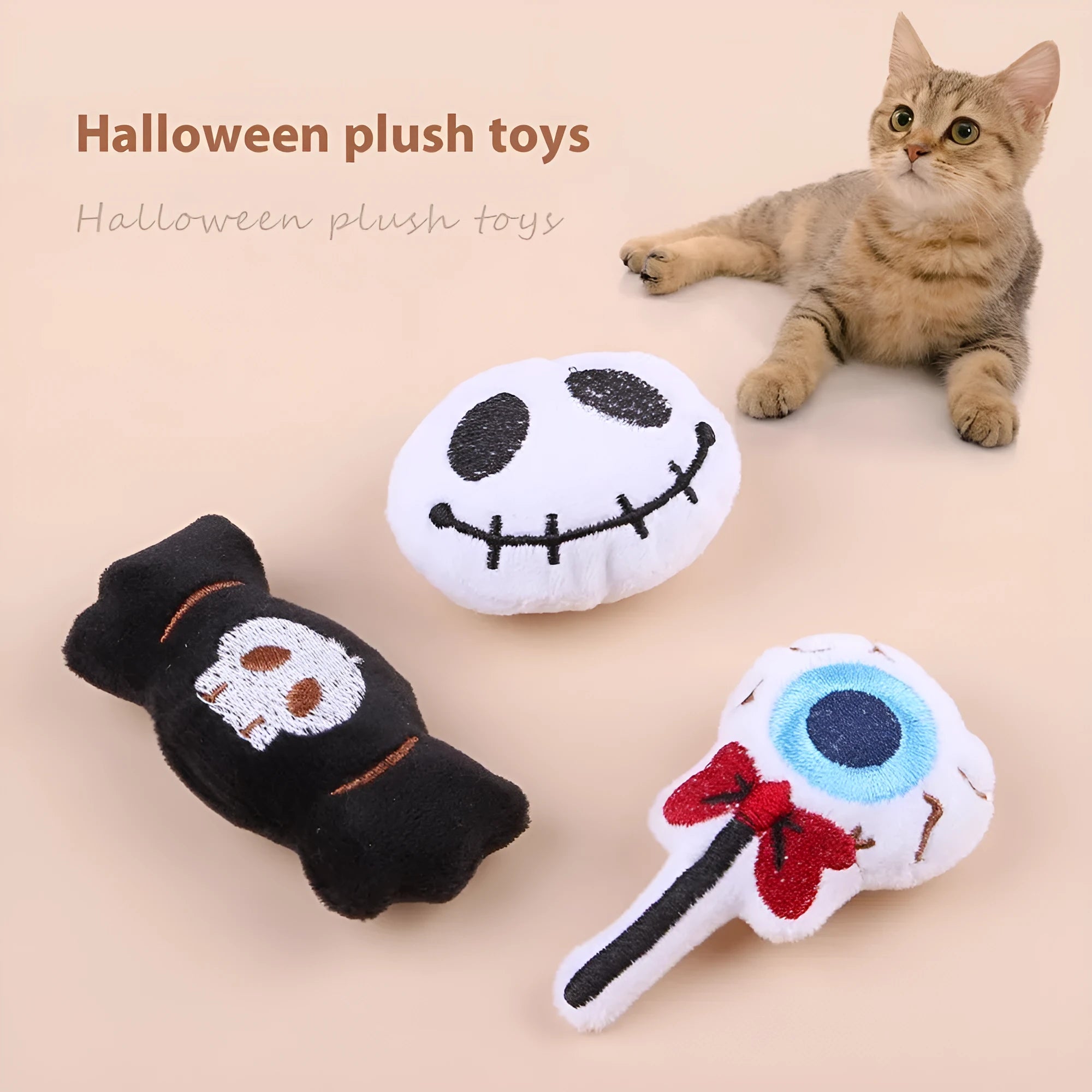 Small plush cat teaser toy in candy, eyes or skull design for pet play