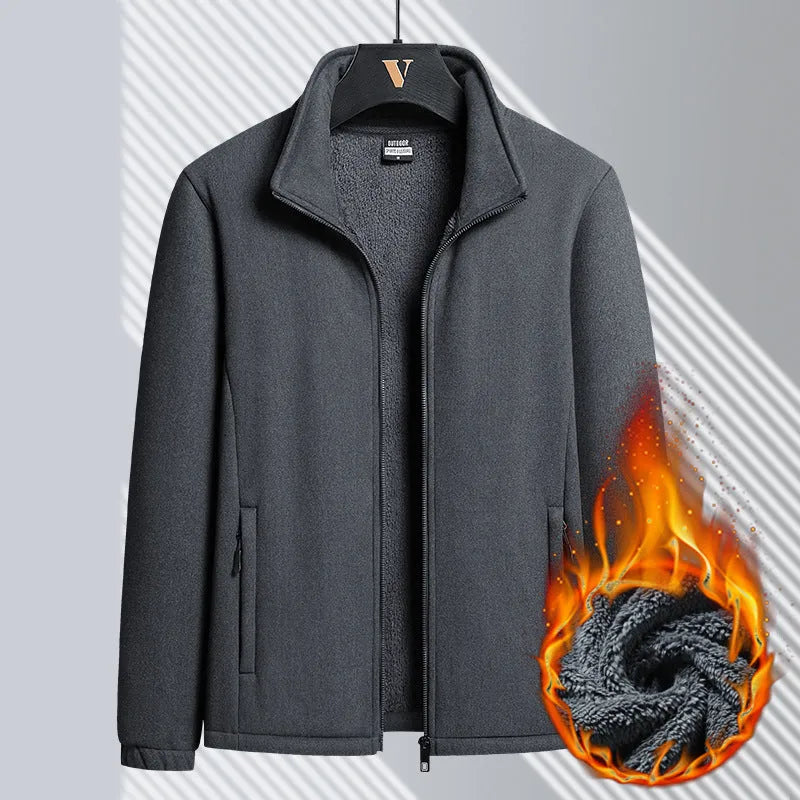 Men's grey Berber fleece coat with stand-up collar and zip-up front