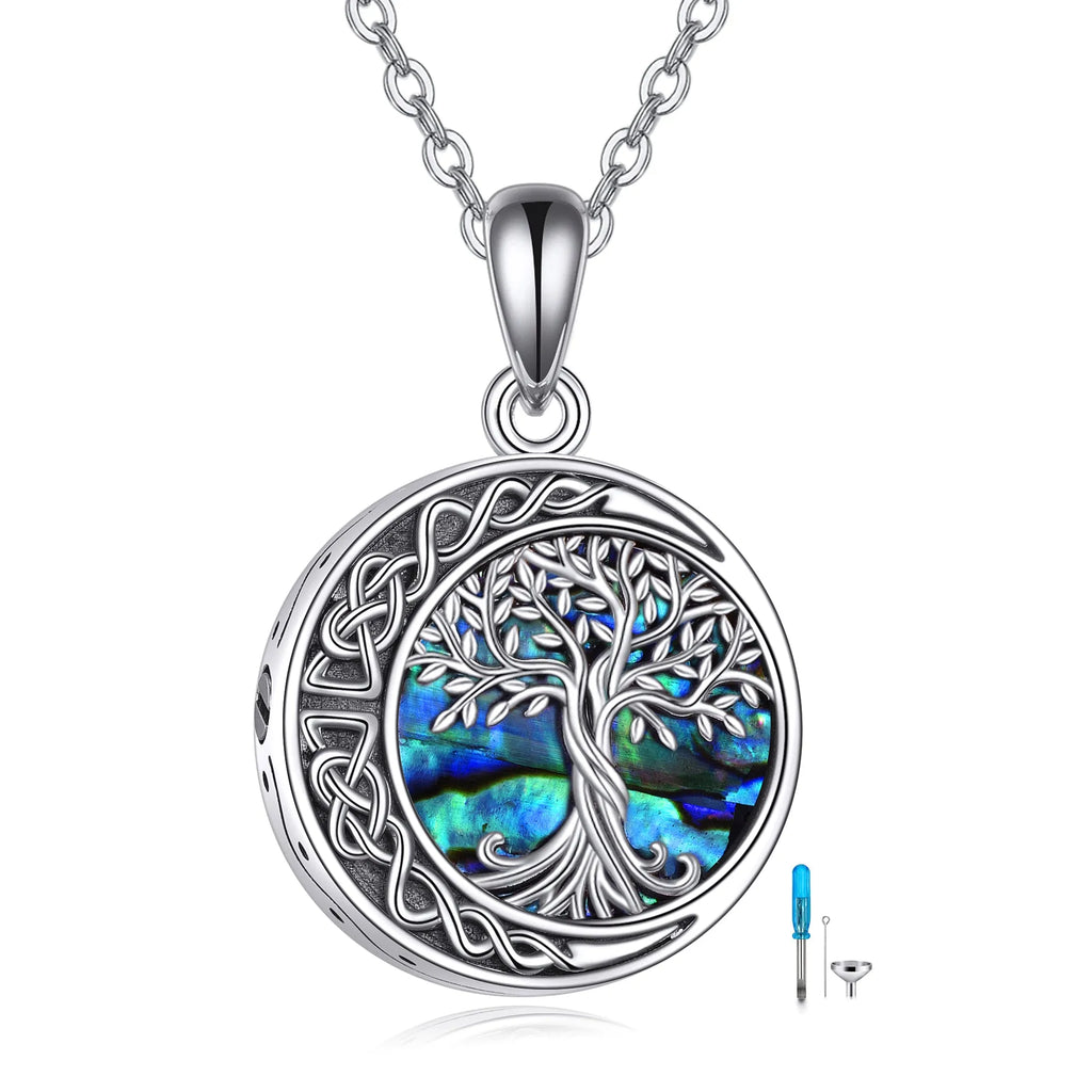 Sterling silver Tree of Life urn necklace with abalone shell stone on 18 inch chain, white gold plated finish
