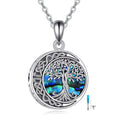 Sterling silver Tree of Life urn necklace with abalone shell stone on 18 inch chain, white gold plated finish