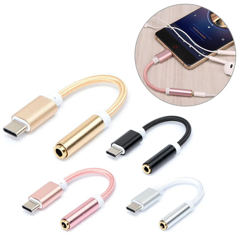 Type-C to 3.5mm nylon adapter cable in black for mobile phone headphone connectivity