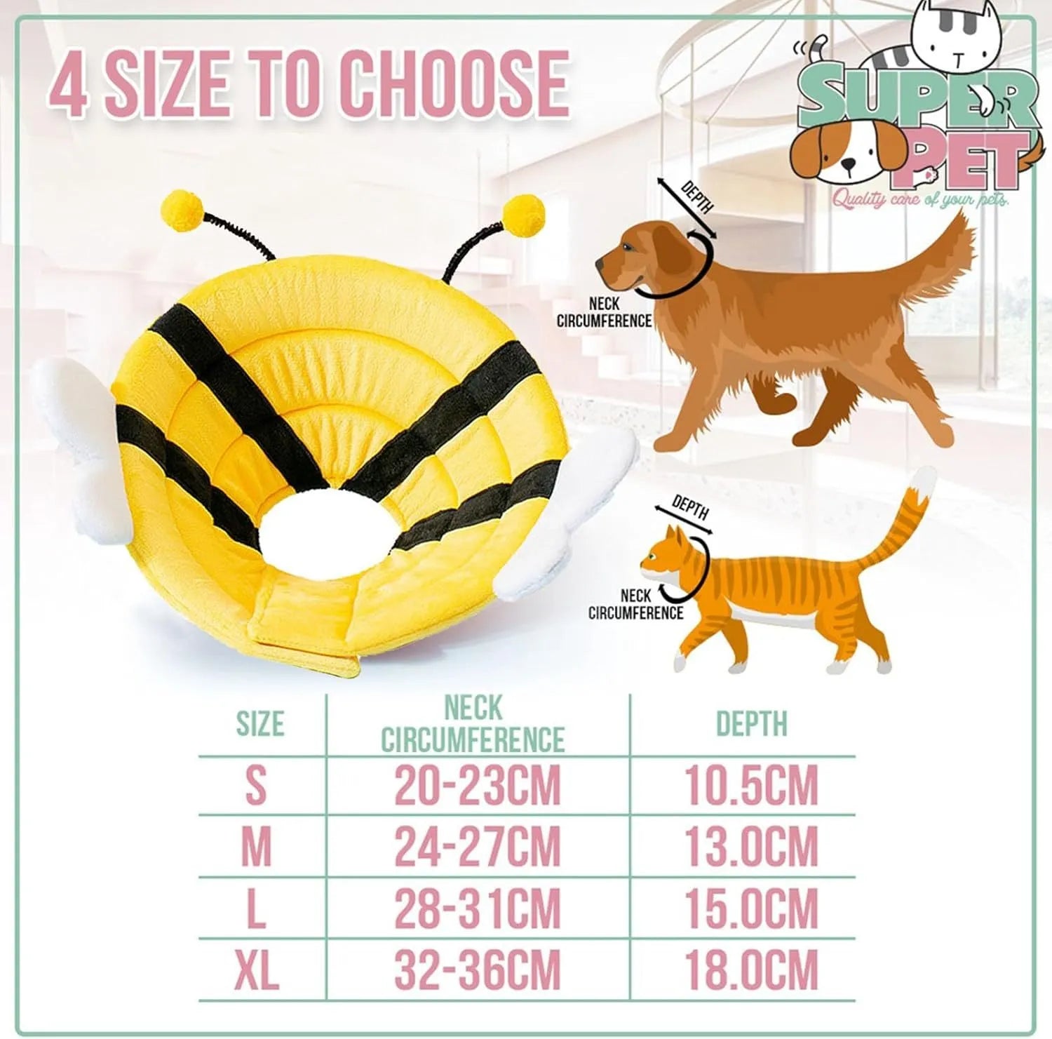 Soft fabric cat cone collar with bee design showing adjustable velcro closure