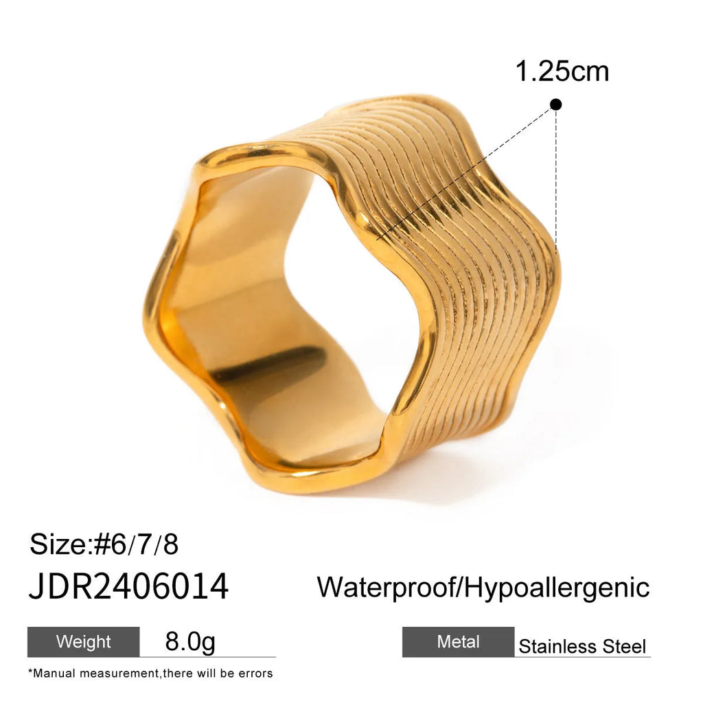 Close-up of a stainless steel ring with a wide geometric wave pattern on a white background.