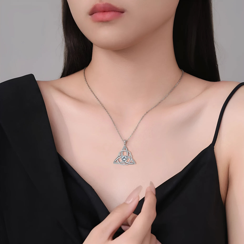 Celtic knot geometric pendant necklace in copper with electroplated blue finish for women