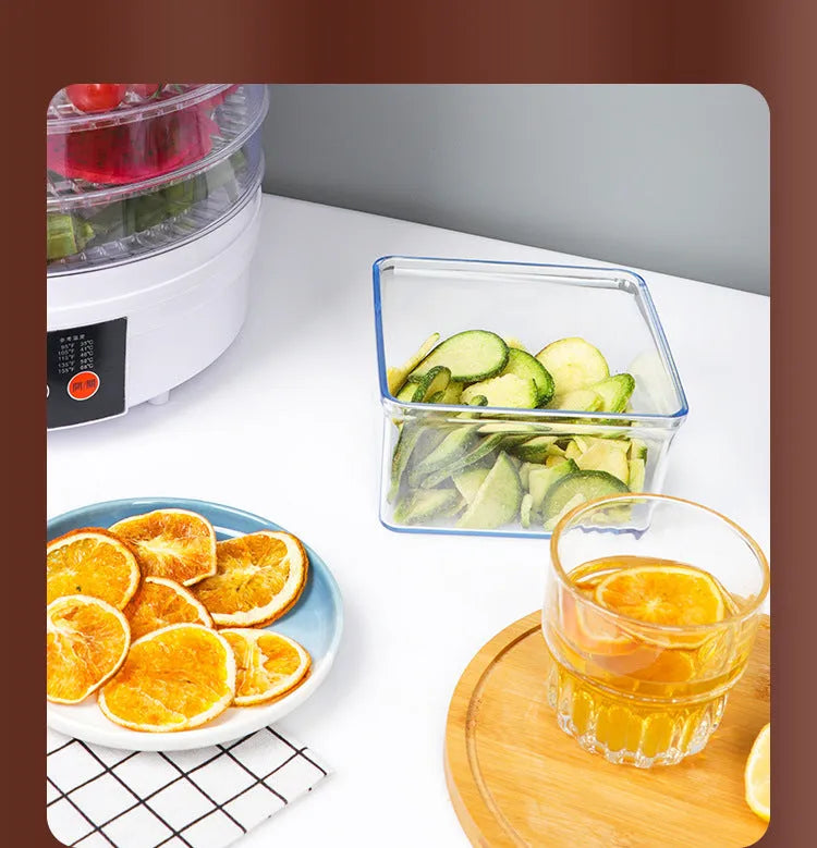 Five-layer household food dehydrator with seven mesh drying trays and multiple plug options