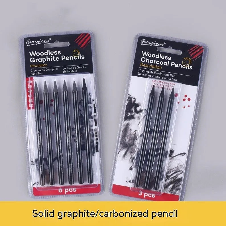 Set of nine wooden drawing pencils with six graphite and three carbonized pencils on suction card packaging