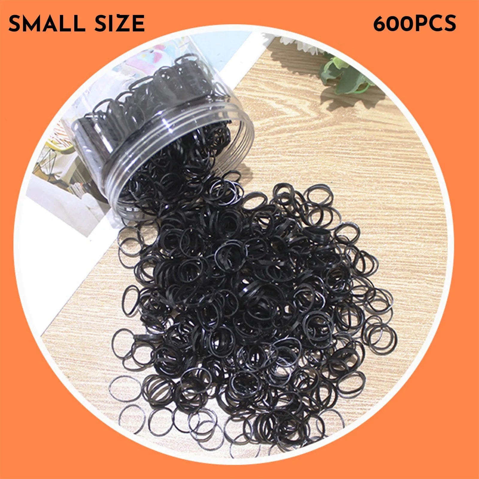Multi-colour TPU baby hair ties in a reusable plastic storage container.