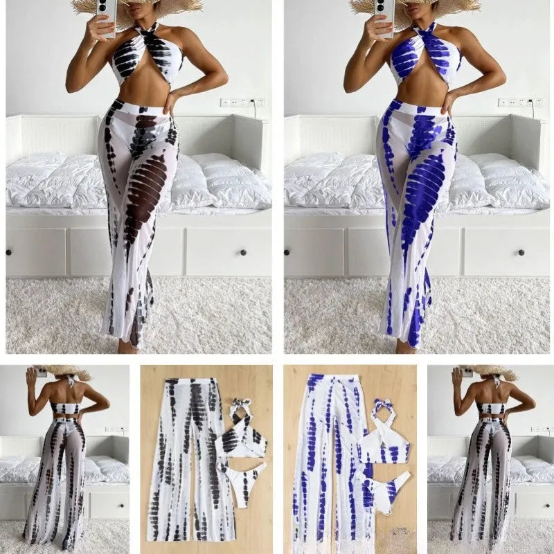 Three-piece swimsuit bikini set with mesh trousers in printing design for women's swimming and fitness