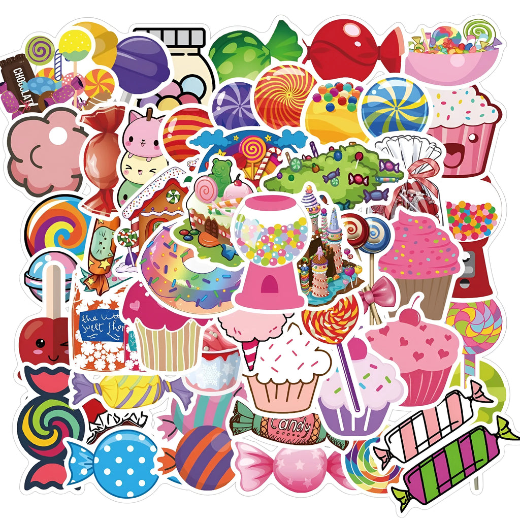 Pack of 50 colourful candy-themed graffiti and cartoon adhesive stickers, each measuring 4-6cm.