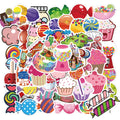 Pack of 50 colourful candy-themed graffiti and cartoon adhesive stickers, each measuring 4-6cm.