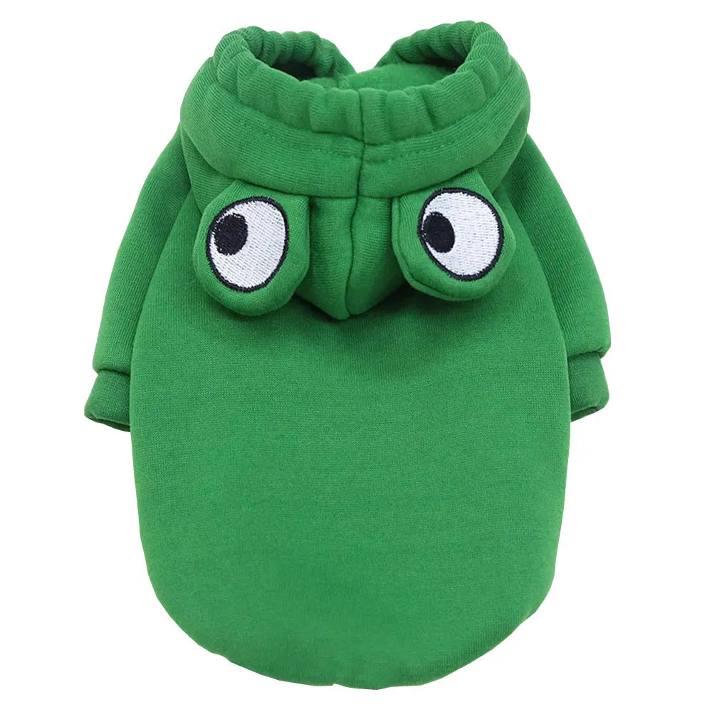 Green frog pattern hoodie costume on small dog with sweatshirt material and hood