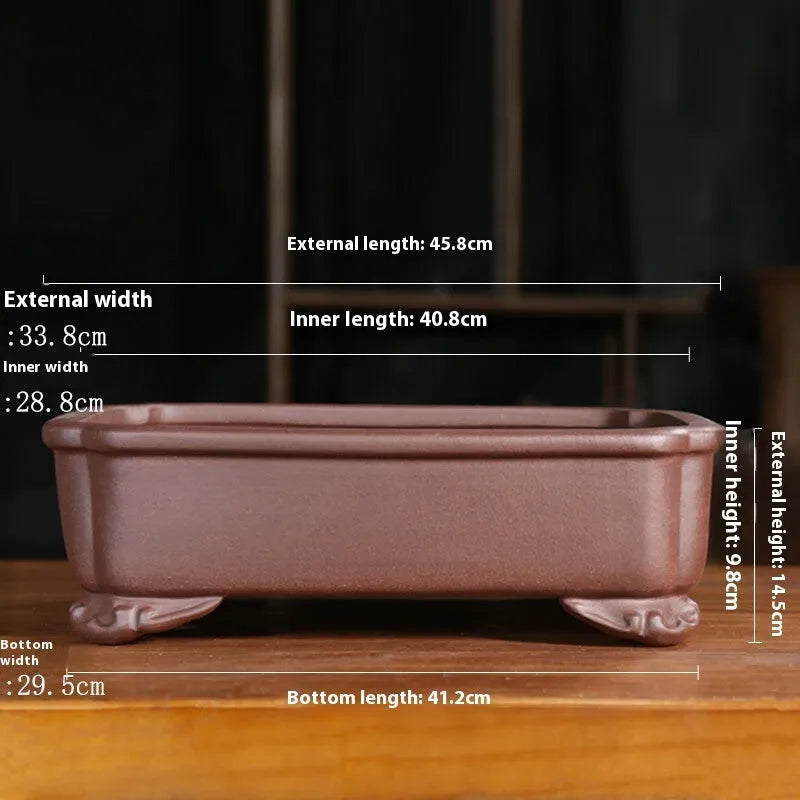 Purple sand rectangular bonsai planter with antique styling and corner-cutting design