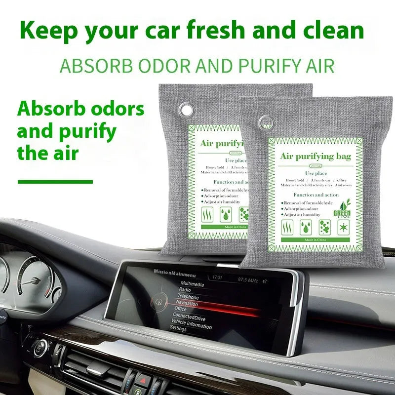 Bamboo charcoal air purifier bag in a sewn fabric pouch for formaldehyde removal.