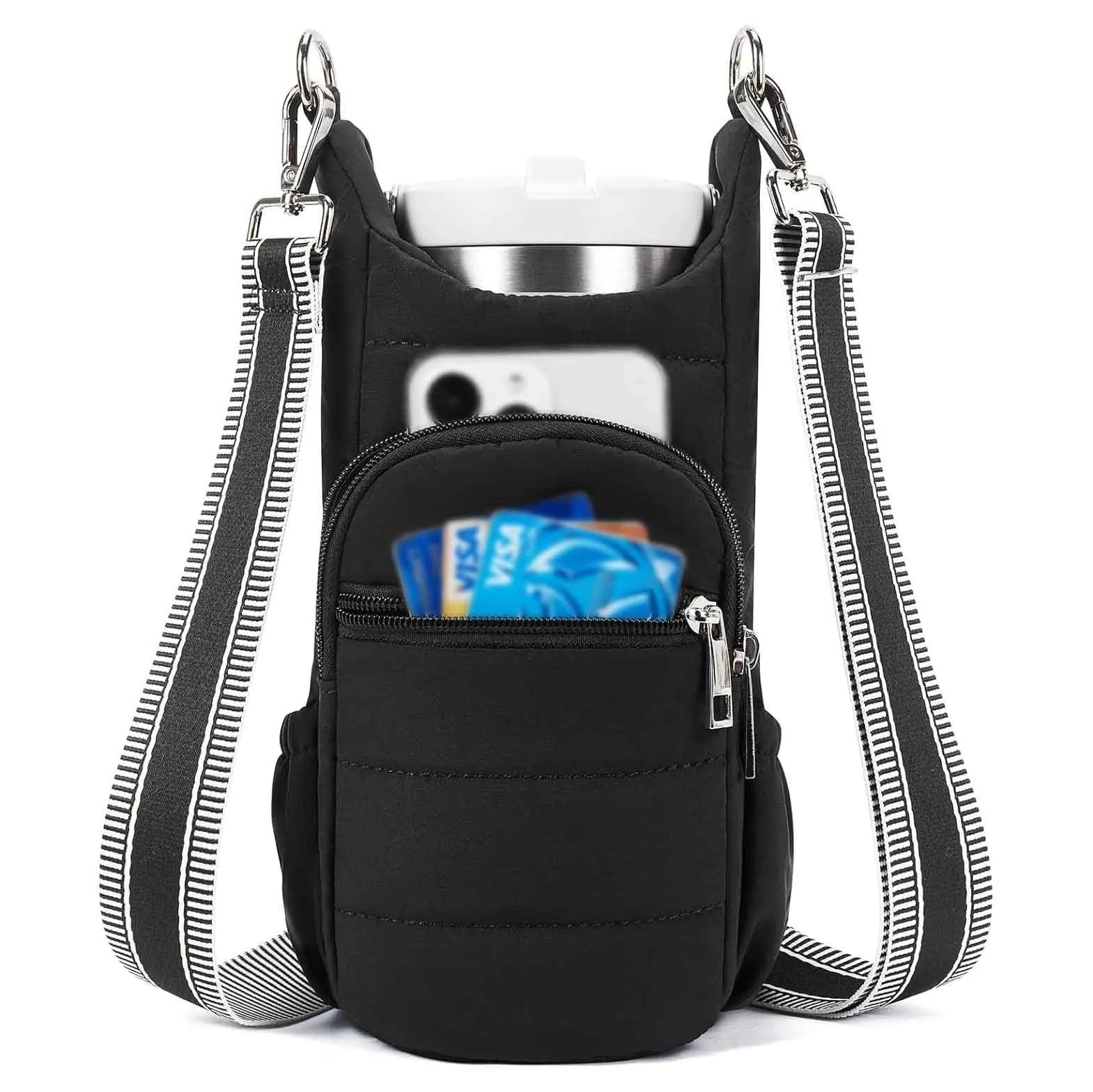 Cloth bicycle water bottle bag in black, pink and beige colours
