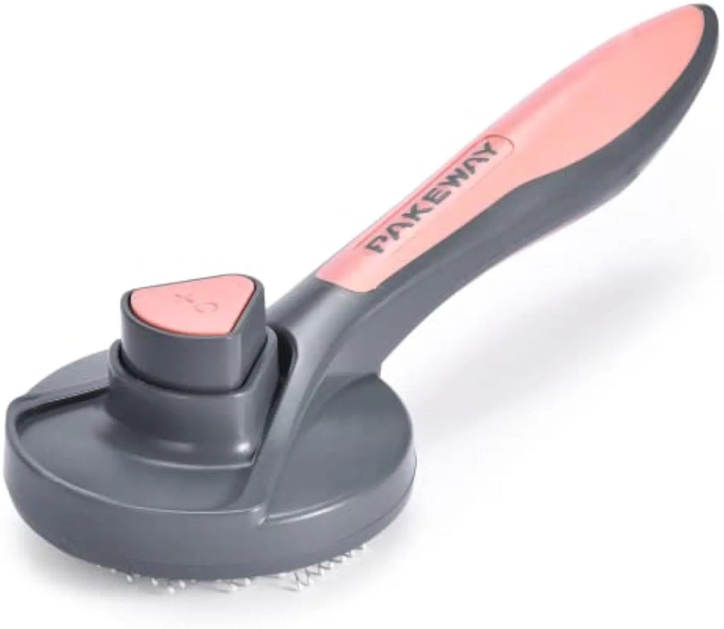 Self-cleaning pet slicker brush with one-click button and massage-tip bristles in grey, green or pink colour options