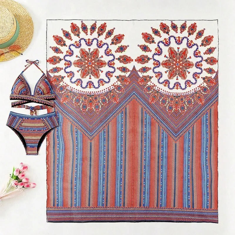 Women's three-piece swimsuit set with high-waist briefs, sleeveless split blouse, and matching coat