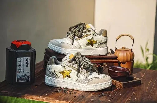 Green China-chic star pattern casual shoes with mesh lining and rubber sole