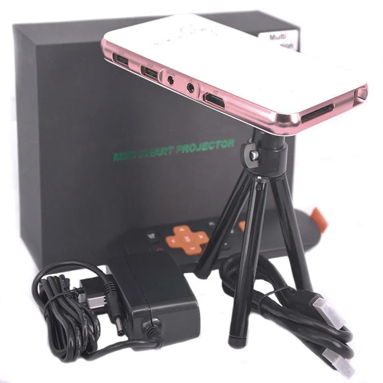 White and rose gold M6S miniature portable Android DLP projector showing compact design