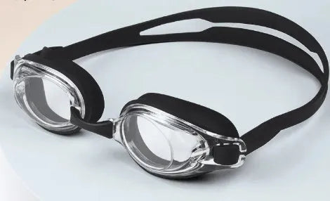 Black myopia swimming goggles with corrective lenses and a storage case on a blue background