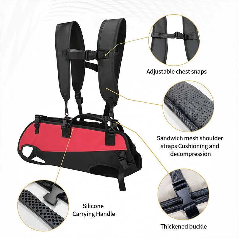 Multifunctional Oxford cloth pet backpack convertible to walking stretcher in black with khaki colour