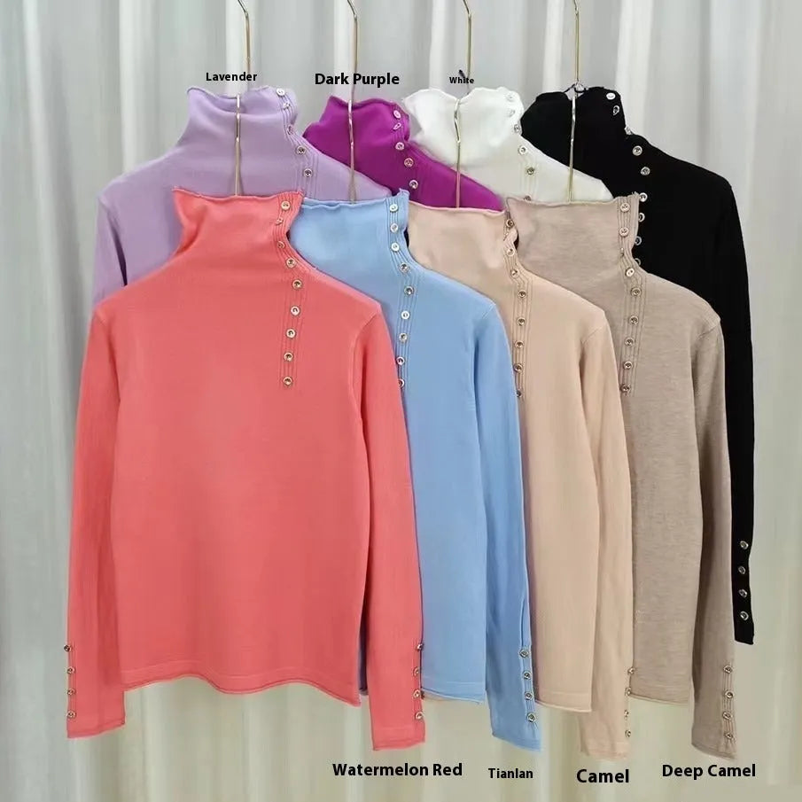 Women's cropped knit bottoming shirt in core-spun yarn with 3D pattern, shown in light camel colour.