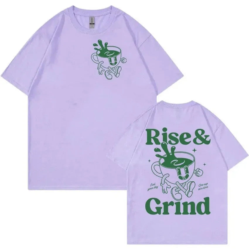 Loose fit linen T-shirt with green coffee bag cartoon print in multiple colour options