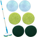 Handheld wireless electric floor cleaning mop with USB charging port and assorted cleaning pads.