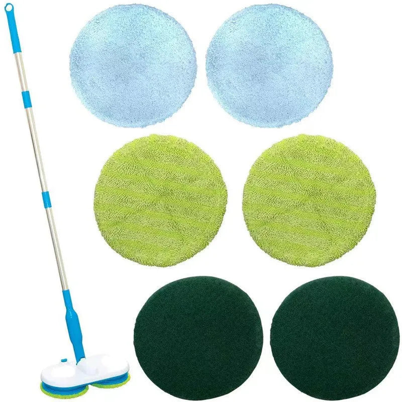 Handheld wireless electric floor cleaning mop with USB charging port and assorted cleaning pads.