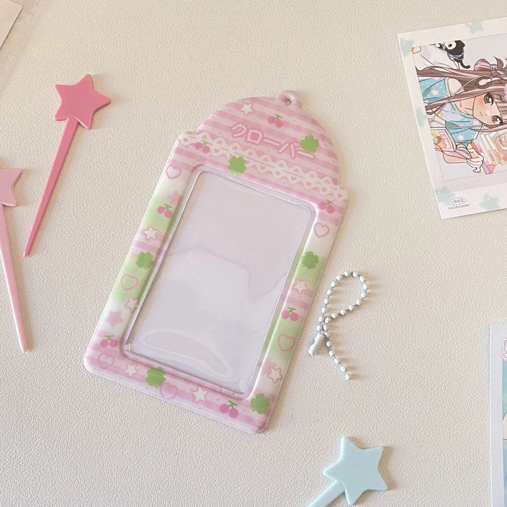 Cartoon strawberry design PVC card holder pendant with clear display pocket for lanyards.