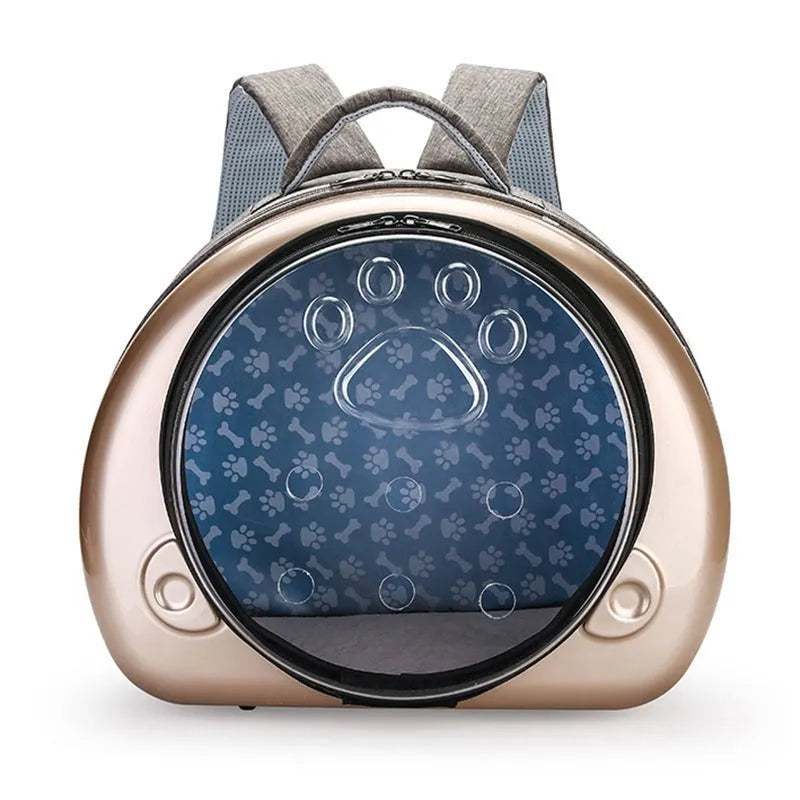 Transparent space capsule cat carrier bag in rose gold, silver, or champagne gold colour.