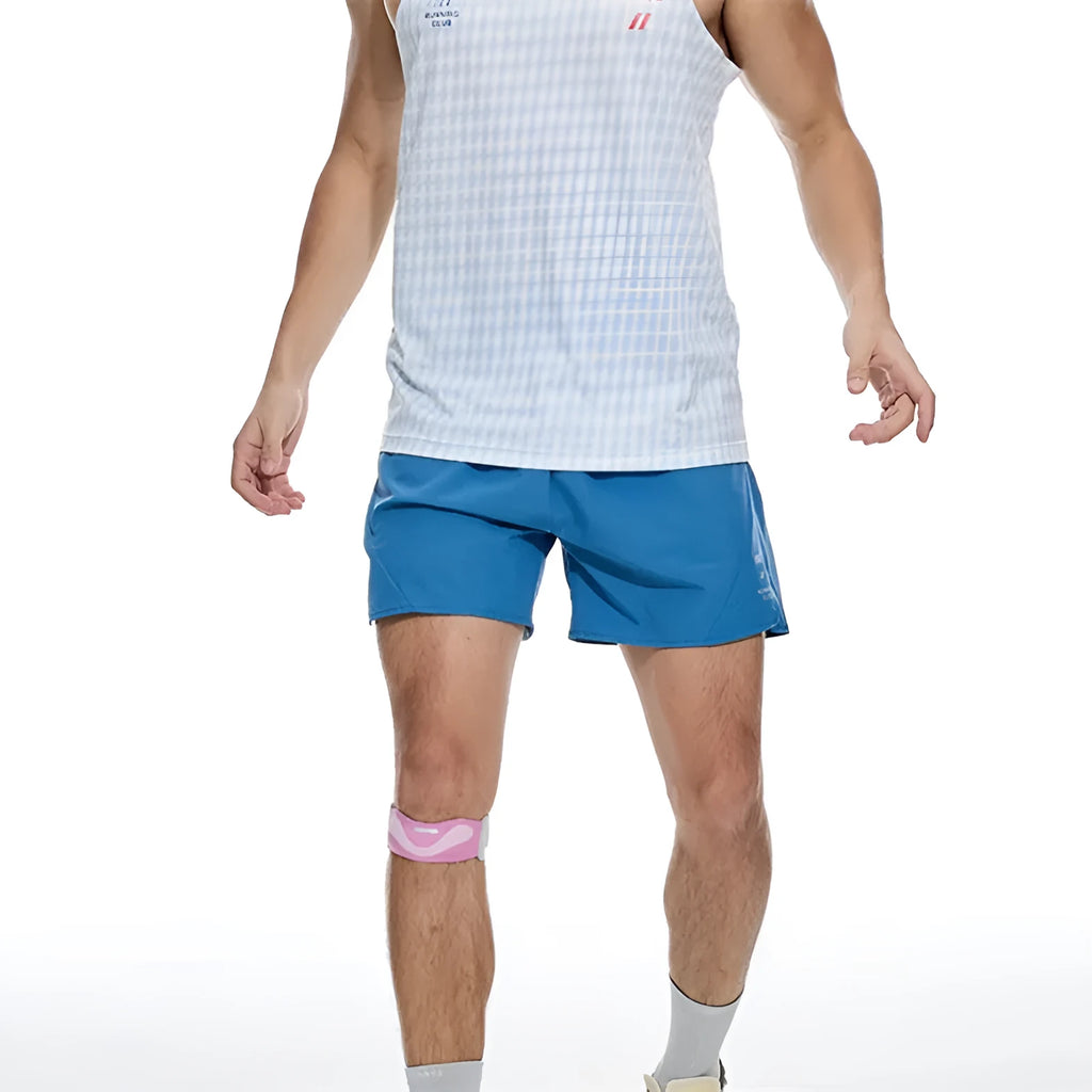 Men's black running shorts with laser-punched detail and four-point stitching on stretch spandex fabric.