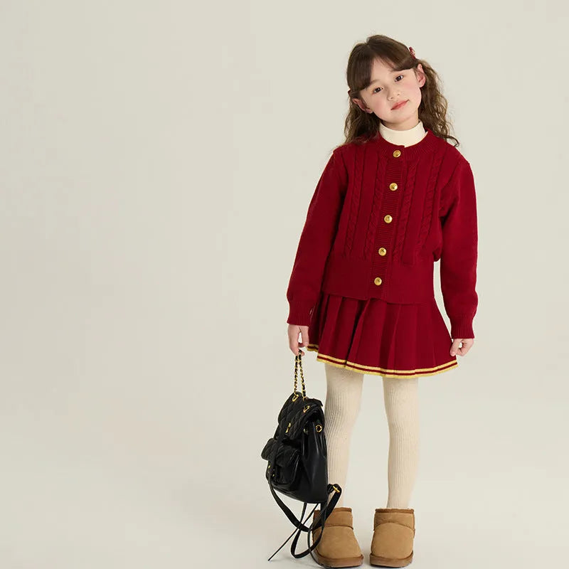 Red velvet yarn knit cardigan and pleated skirt two-piece set for girls 90-160cm