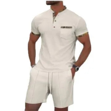 Men's short sleeve waffle polo suit set in solid colour with matching shorts for summer leisure