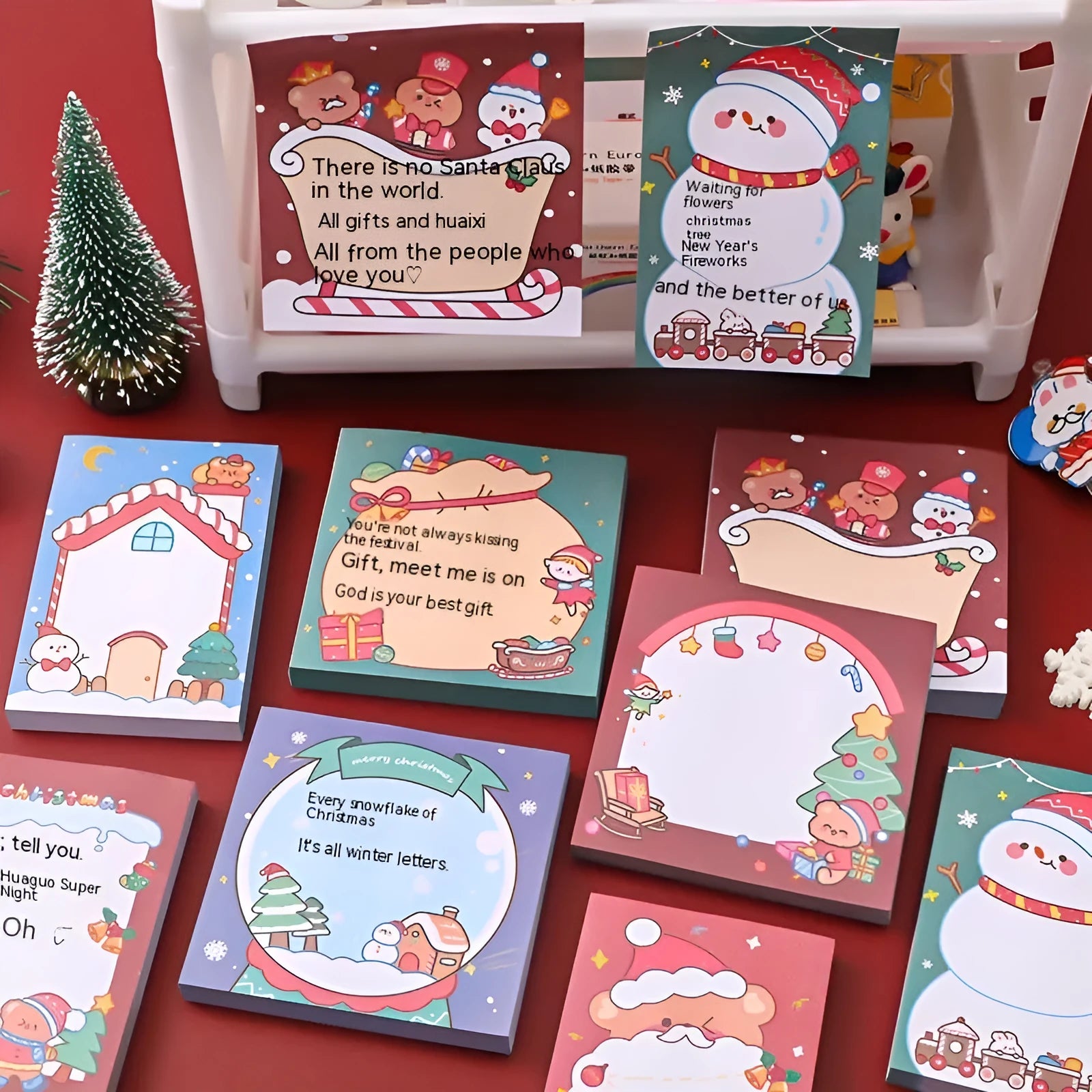 A5 Christmas sticky notes featuring eight designs including bear, elf, gift, and Santa Claus