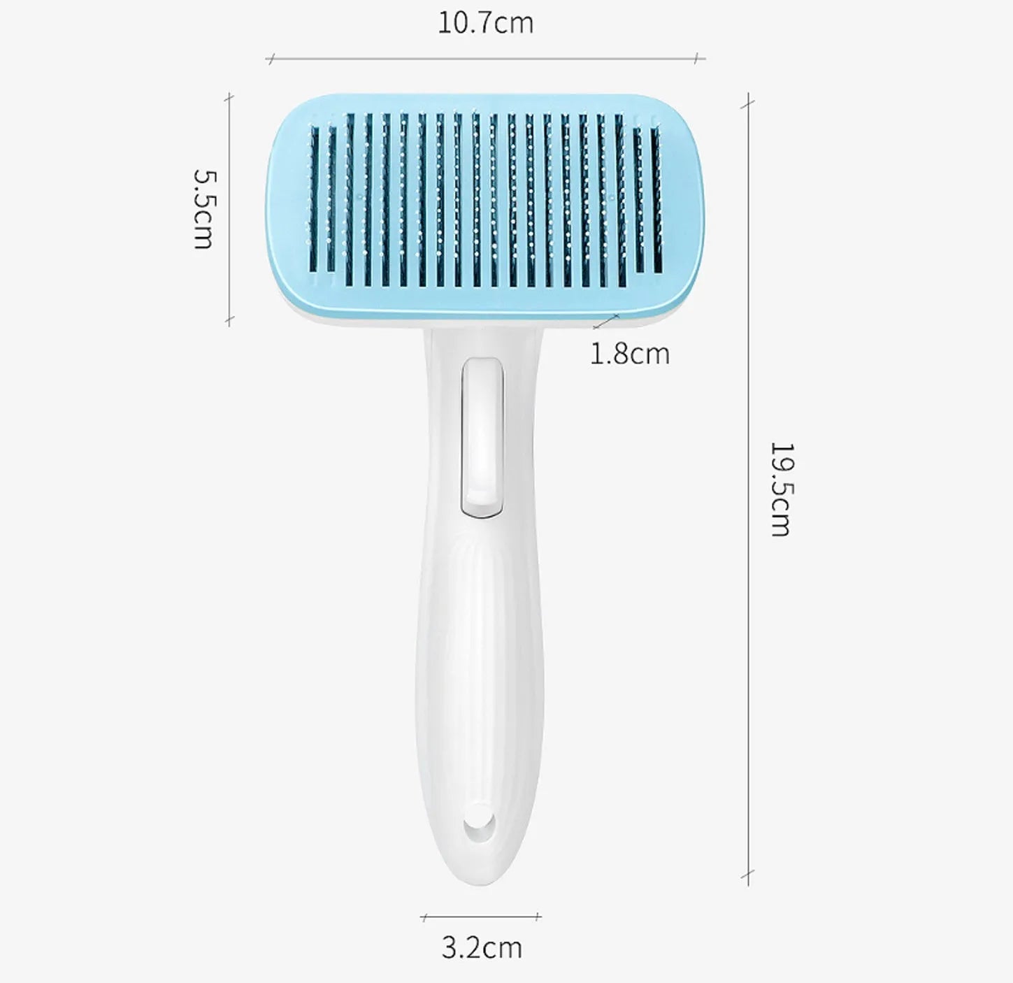 Automatic pet hair removal comb with needle design in blue, grey, green, and pink colour options