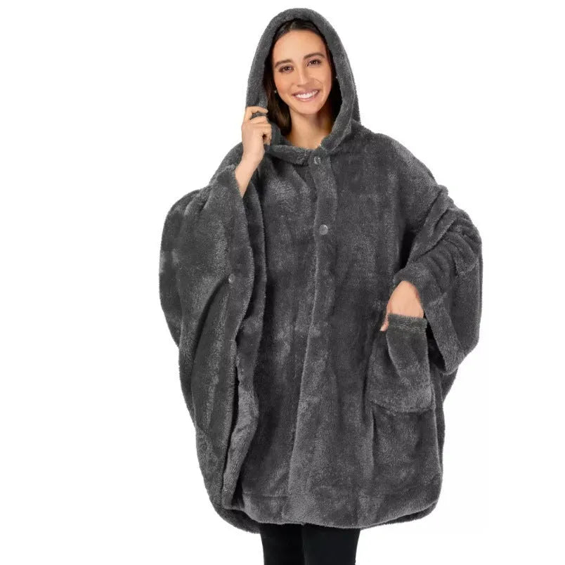 Thickened hooded bathrobe in polyester shown in black, dark grey, and pink colour options.