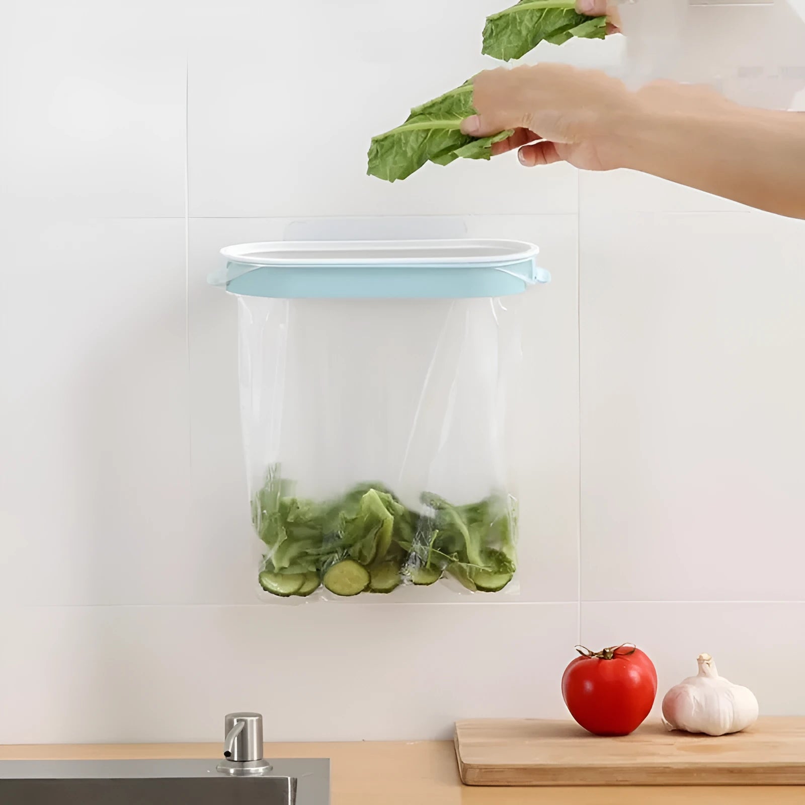 Blue plastic kitchen garbage bag storage rack for cabinet or bench organisation