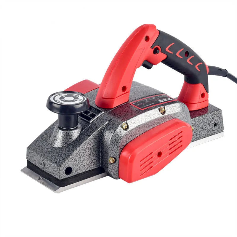 Red desktop electric wood planer with 82mm cutting width and aluminium housing