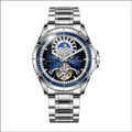 Silver alloy automatic mechanical watch with blue dial and stainless steel butterfly buckle strap
