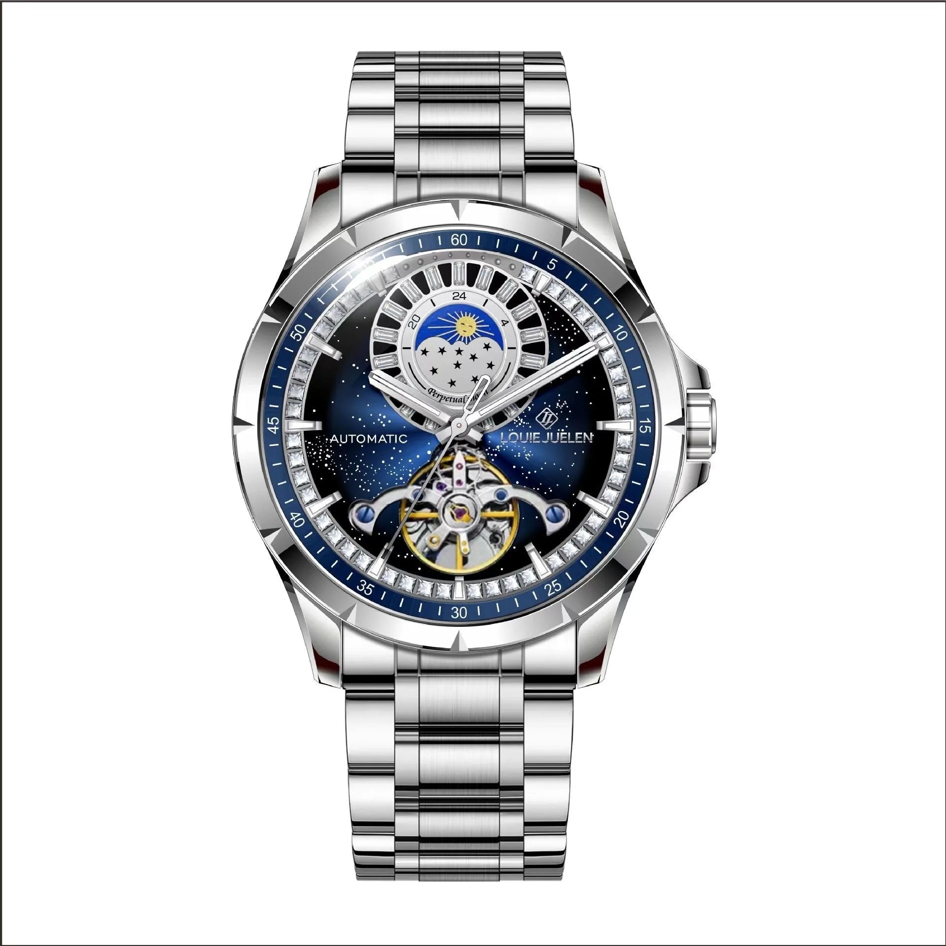 Silver alloy automatic mechanical watch with blue dial and stainless steel butterfly buckle strap