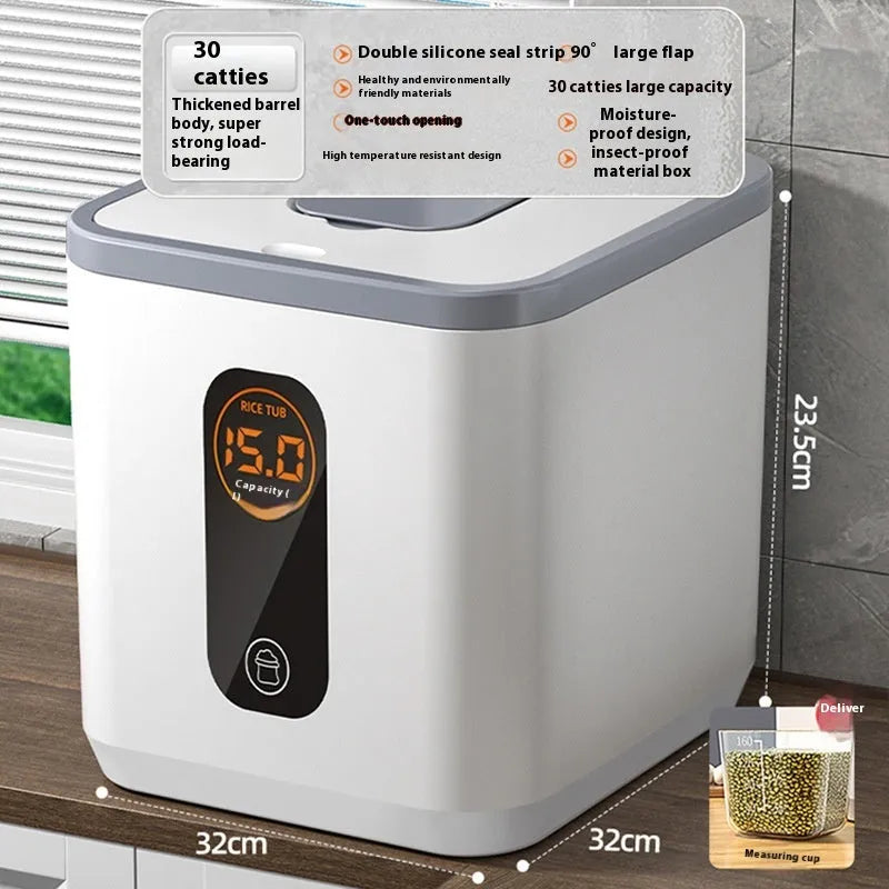 Grey plastic rice storage jar with sealed lid for insect and moisture protection