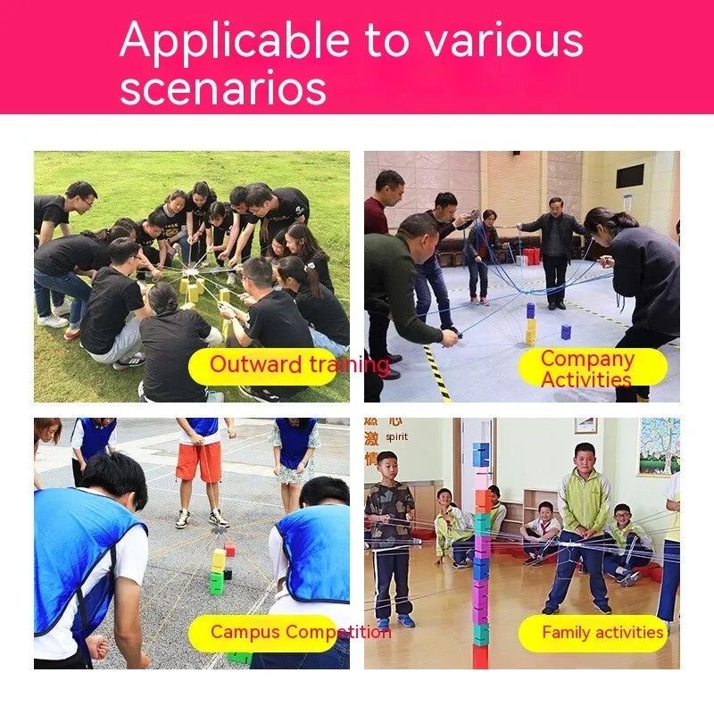 Team building game equipment set with ABS tower blocks, ropes, and connection components for outdoor group activities