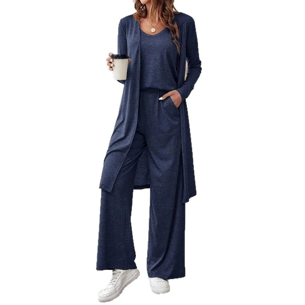 Blue women's three piece suit with sling top, long cardigan, trousers and suspenders in Japanese Korean casual style