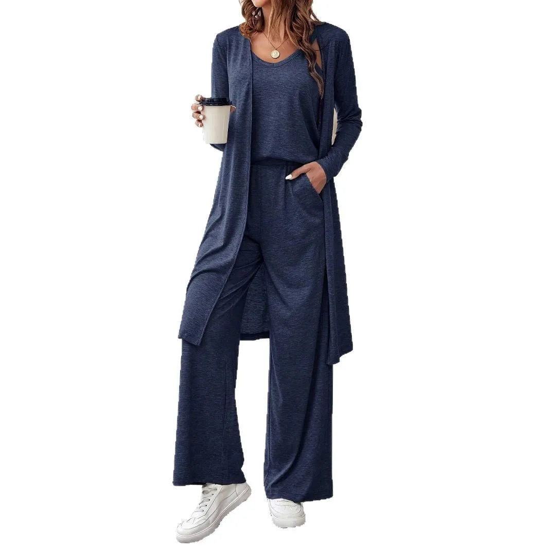 Blue women's three piece suit with sling top, long cardigan, trousers and suspenders in Japanese Korean casual style